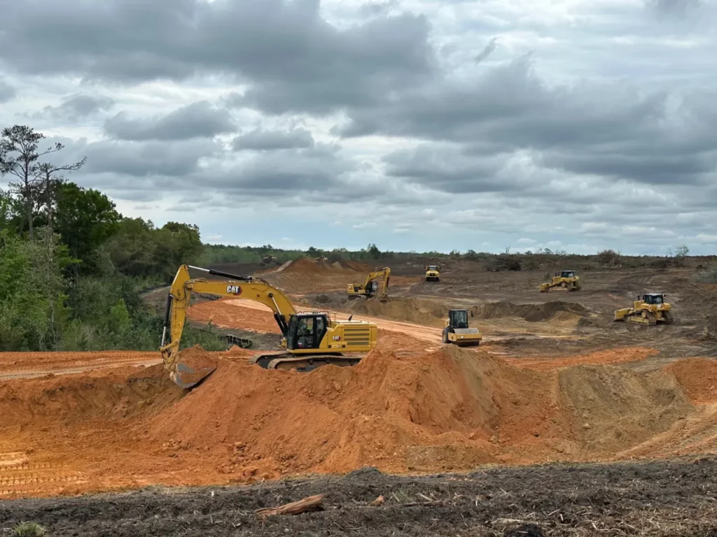 Construction equipment working on large excavation site