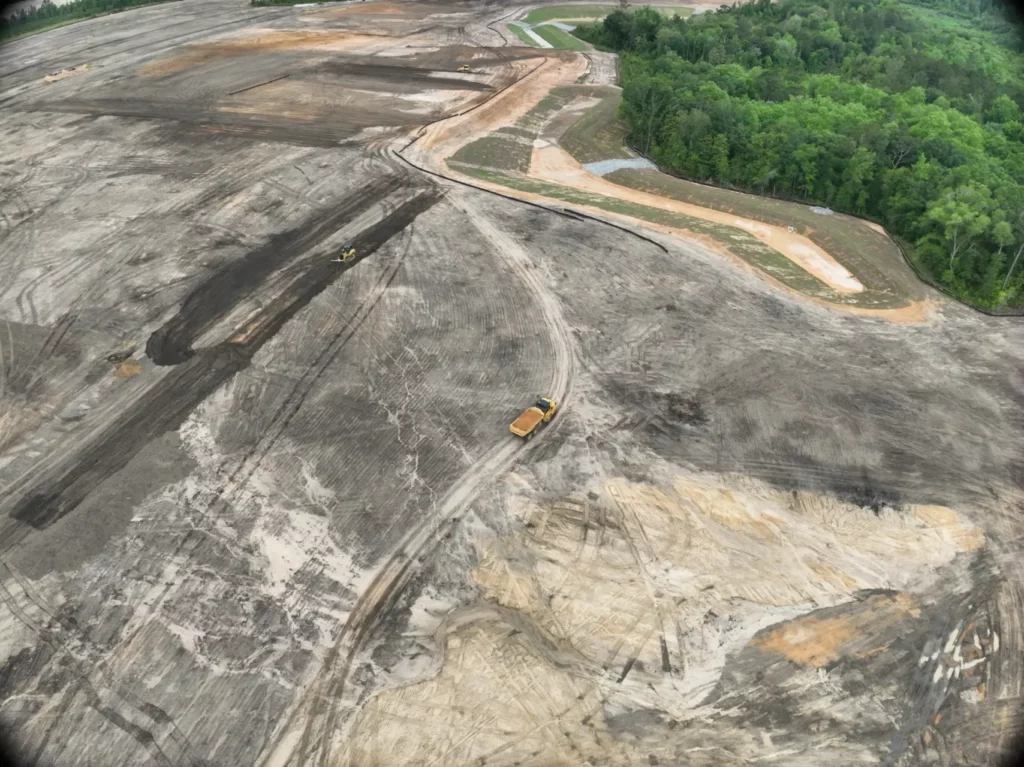 Aerial view of large excavation site with machinery